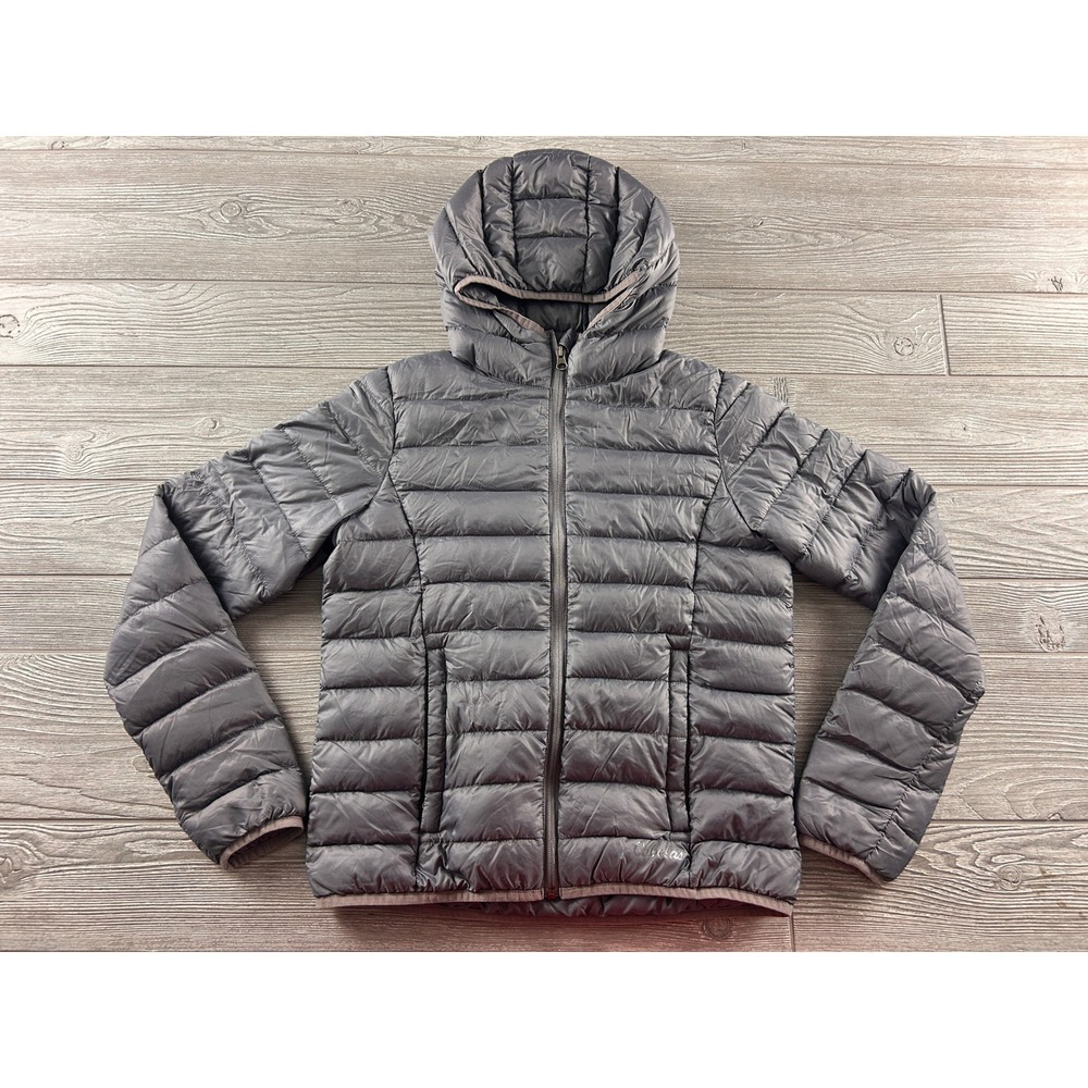 Cabelas Boys XL Gray Hooded Puffer Jacket Duck Down Insulated Quilted Coat 437